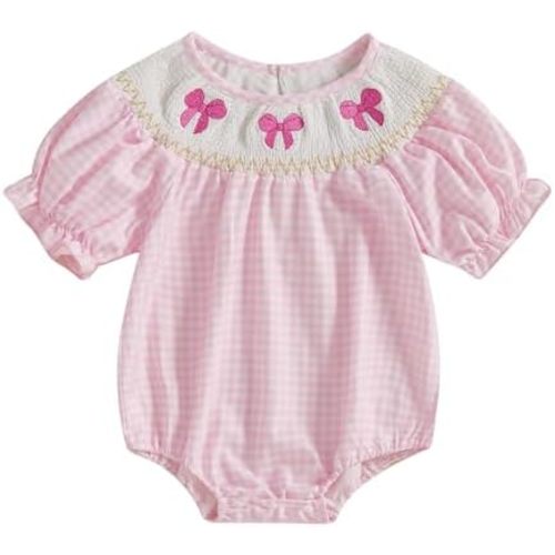 Lamuusaa Newborn Baby Girl Clothes Short Sleeve Smocked Romper Bow Embroidery Plaid Bodysuit Summer Clothes 0-18M