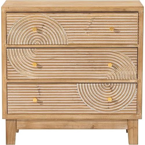 COZAYH 3-Drawer Farmhouse Dresser with Handicraft Wood Ring Motif, Fully Assembled Nightstand Wooden Finish for Boho, Mid-Century, Natural Wood, Rustic Style