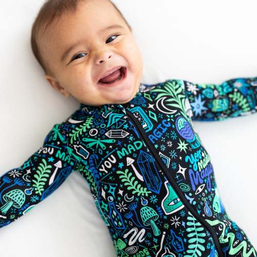 Bamboo Footie Zipper Baby Pajama - Mystic Mama Blue Bamboo Onesie Sleeper - You Made Magic Affirmation – Raising Mama