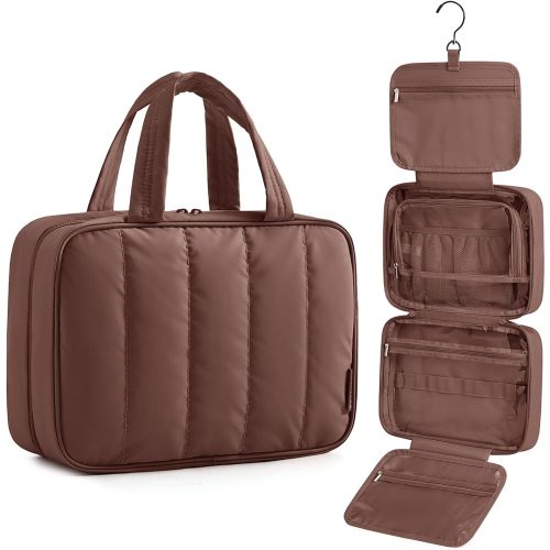 BAGSMART Travel Toiletry Bag for women, Portable Hanging Hook Makeup Bag Organizer, Waterproof Makeup Cosmetic Bag, for Full-Size Accessories, Toiletries,Coffee Brown