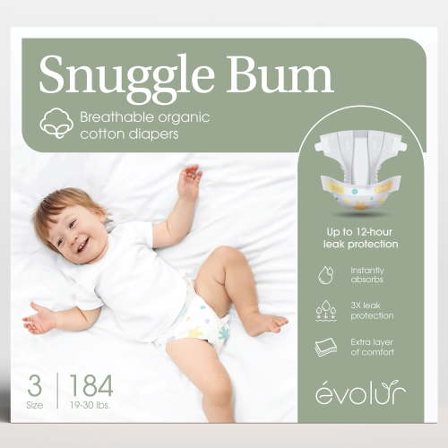 Evolur Snuggle Bum Baby Diapers - Size 3, 184 Count, for Infant & Toddlers (19 lbs - 30 lbs), Ultra Absorbent, Long lasing Dryness Upto 12 Hours