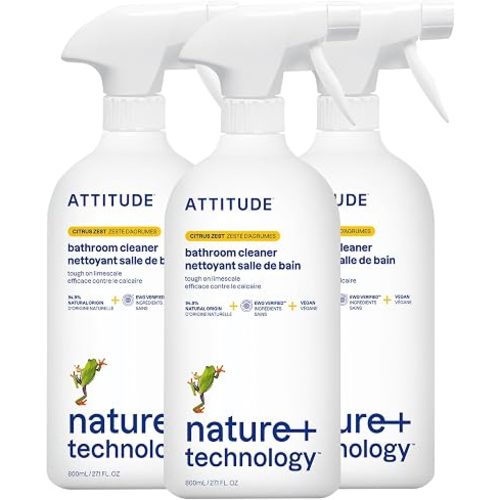 ATTITUDE Bathroom Cleaner Spray, EWG Verified, Plant-Based & Vegan, Safe for Bathroom Surfaces, Tiles, Tubs, Shower Walls, and Grout, Citrus Zest Scent, 27.1 Fl Oz (Pack of 3)
