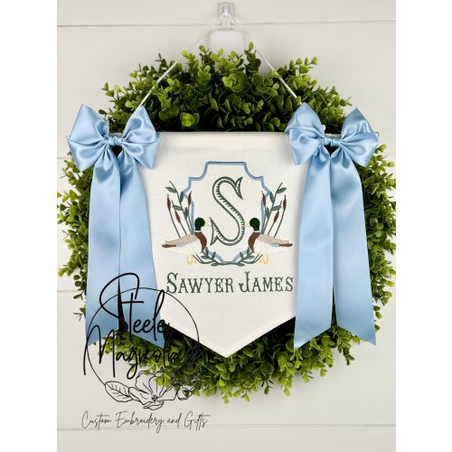 Mallard Duck Baby Banner Hospital Door Announcement Sign Embroidered Bespoke Banner for Nursery Personalized Mallard Boy Baby Shower Gift
