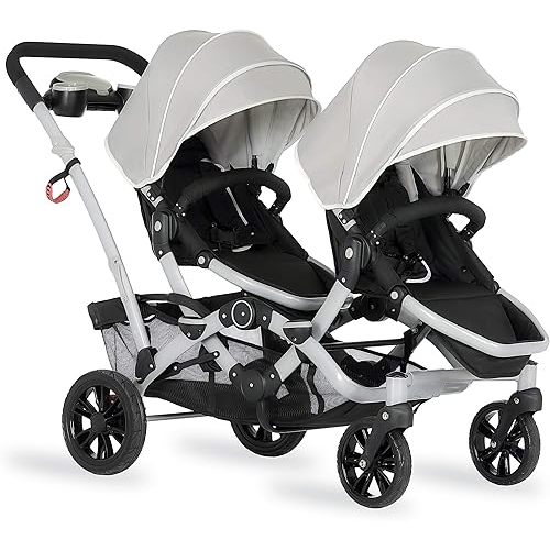 Dream On Me Track Tandem Double Umbrella Stroller in Light Grey, Lightweight Double Stroller for Infant and Toddler, Multi-Position Reversible & Reclining Seats, Large Storage Basket and Canopy