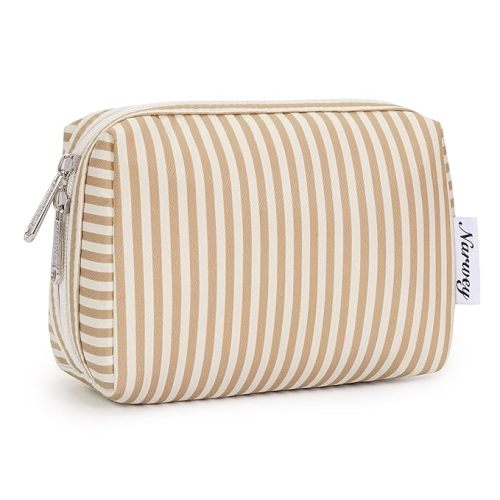 Narwey Small Striped Makeup Bag for Purse Mini Cosmetic Bag Travel Makeup Pouch Zipper Pouch Cute Make up Bags with Compartments for Women Girls (Brown Stripe, Small)