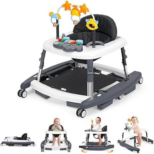 Andador plegable 5 en 1 con música y luces con 5 alturas ajustables, andador de bebé con ruedas portátil, andador infantil para bebés niños y niñas de 6 a 18 meses (D-gris)