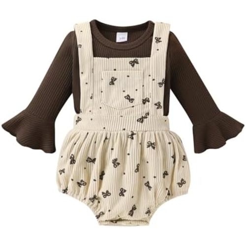 Tiny Cutey Newborn Baby Girl Clothes Bell Sleeve Romper and Corduroy Overalls Shorts Infant Girl Fall Outfits