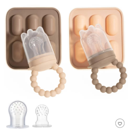 Silicone Baby Fruit Feeders with Freezer Tray for Batch Prep, Set of 2 Safe & Convenient, Includes Extra Pouches & Travel Lids, Dishwasher Safe, Tan