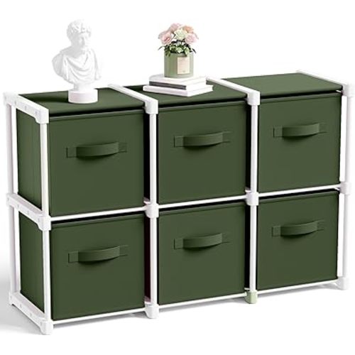 6 Cube Storage Organizer with Shelf Christmas Boxes 11 Inch Toy Storage Bins Clothes Closet Organizers Drawers Fabric Dresser for Playroom Books Bedroom Dorm Kitchen (Dark Green)