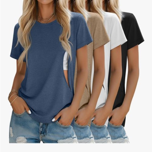 4 Pack Women's Nursing Breastfeeding Shirts with Zipper Loose Fit Short Sleeve Maternity Top Nursing Clothes