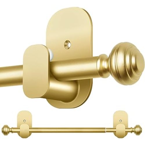 KAMANINA Curtain Rods No Drilling for Windows 16 to 30 Inches, 5/8 Inch Diameter Adjustable Single Curtain Pole with Adhesive Brackets, Gold