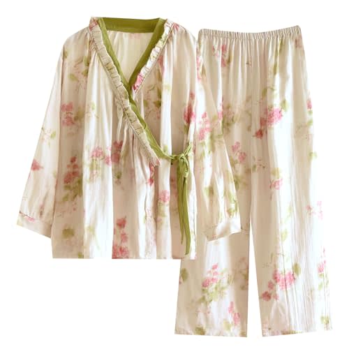 Womens Floral Cotton Pajama Set – Soft Sleepwear with Kimono Wrap Top & Elastic Waist Pants