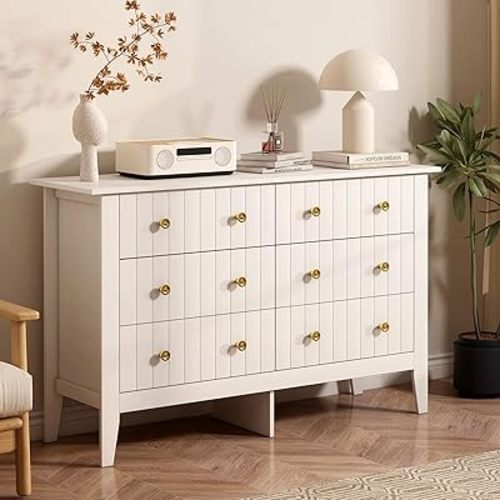 Modern 6-Drawer Dresser, White Storage Cabinet with Chic Fluted Panel Design, Gold Knobs, Stable Legs for Living Room, Dining Room, or Office – 52.3” L x 31.5” H x 17.7” D