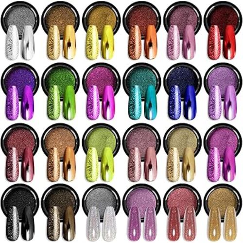 SAVILAND Chrome Nail Powder Set: 24 Colors Metallic Mirror Effect Iridescent Chrome Powder for Gel Polish Holographic Chameleon Nail Art Decoration Glitter Pigment Dust DIY Manicure Kit Home Salon Use