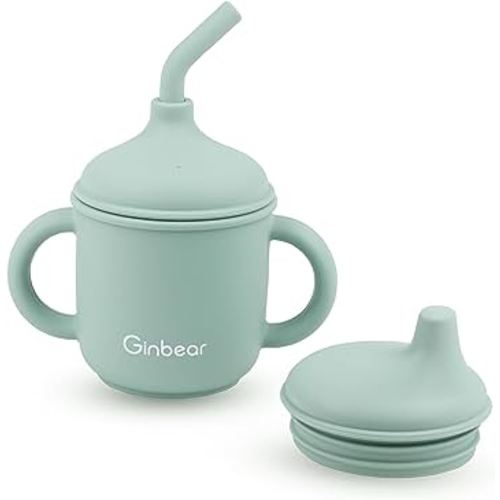 Ginbear 2-in-1 Sip-N-Straw Baby Cup, Spill Proof Non-toxic BPA Free Food Grade Silicone Training Transition Sippy Cup for Toddler 6 Months+ (Hazy Green)