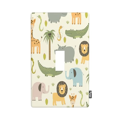 Safari Cartoon Animal 1-Gang Single Toggle Wall Plate | Hippo Lion Elephant Giraffe Light Switch Cover Plates 4.5"x 2.76" for Boys Girls Bedroom Bathroom