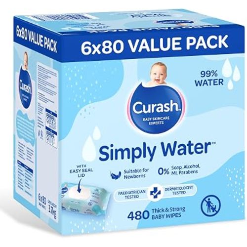 New Formula Curash Simply Water Baby Wet Wipes, 6 x 80 Pack