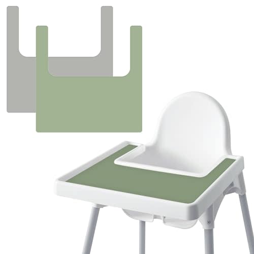 High Chair Placemat for IKEA Antilop Baby High Chair, 2 Packs Stain Resistant Non-Slip Toddler Silicone High Chair Place Mats Eating Table Mat (Sage/Gray)