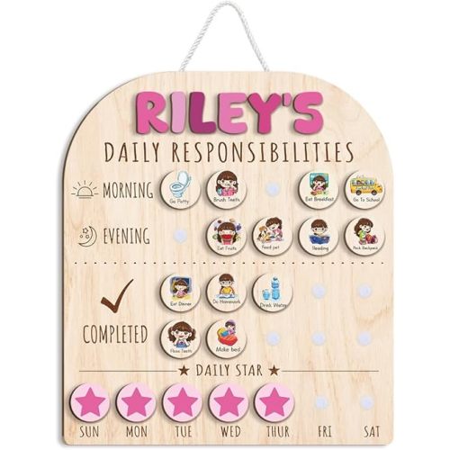 Personalized Wooden Chore Chart for Kids 15x17", Visual Schedule, Routine Chart for Kids, Morning Bedtime Routine Chart for Toddlers Ages 2-4, Daily Kids Schedule Board for Home (11)