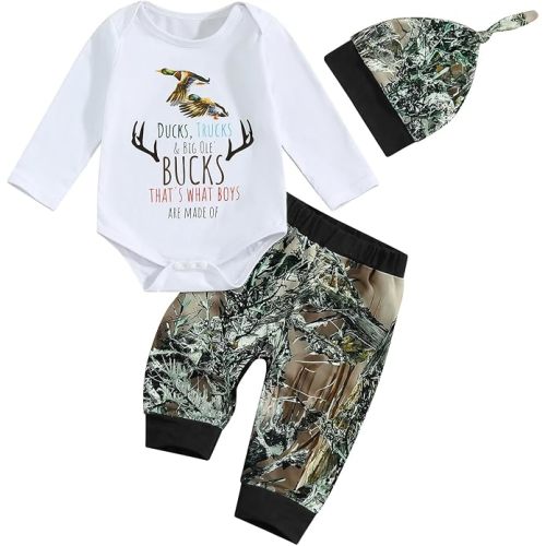 Newborn Baby Boy Hunting Outfit Deer Mallard Duck Romper Jungle Camo Pants Set Hat 3 Piece Fall Winter Clothes
