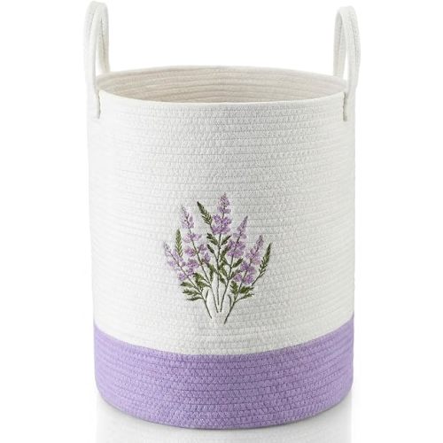 Honeydak Purple Lavender Cotton Rope Laundry Basket Hamper Large Floral Embroidery Tall Basket with Handle Foldable Round Storage Bin for Toy Clothe Nursery Bedroom Organization Decor 14" x 18"