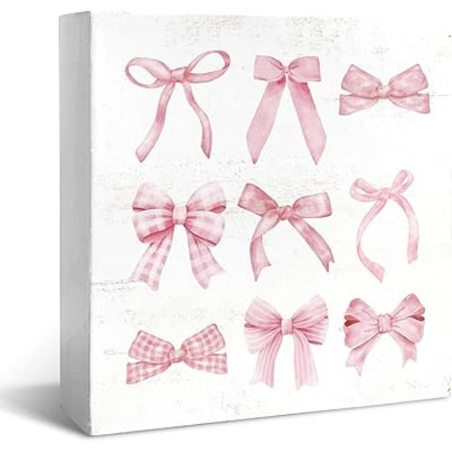 JXREQ Coquette Pink Bow Decorations for Home Office Bathroom Desk Decor, Trendy Bow Decor Wooden Box Sign, Gifts for Women Teen Girls, Coquette Room Decor for Girls Dorm Bedroom Bathroom, 5x5 Inch
