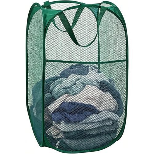 Larpur Pop Up Laundry Hamper Collapsible Mesh Clothes Basket, Dark Green