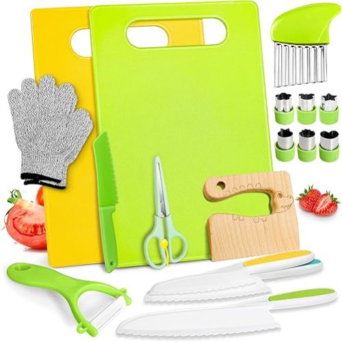 18PCS Kids Knifes Set for Real Cooking, Wooden Toddler Knife 2PCS Cutting Board Kitchen Gloves Fruit Vegetable Crinkle Cutters Plastic Kid Safe Knives, Birthday Gifts for Girls & Boys Age 3-8