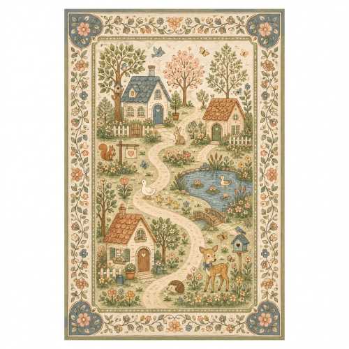Storybook Village Rug, Whimsical Cream Fairy Tale Cottage Print, Kids Room Decor