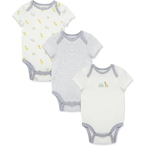 Little Me Baby Gender Neutral 3-Pack Short Sleeve Bodysuit Scratch Free 100% Cotton, Quick Snap Closures, Newborn to 9 Months