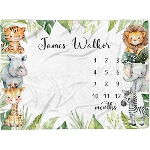 Personalized Safari Baby Milestone Blanket Boys - Custom Sport Monthly Blankets with Name for Boy and Girl - Customized Shower Gifts - Soft Plush Fleece
