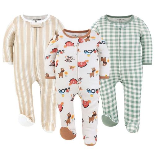 The Peanutshell Cozy Farm Footed Baby Sleepers for Boys and Girls, 3-Pack, 0-3 Months