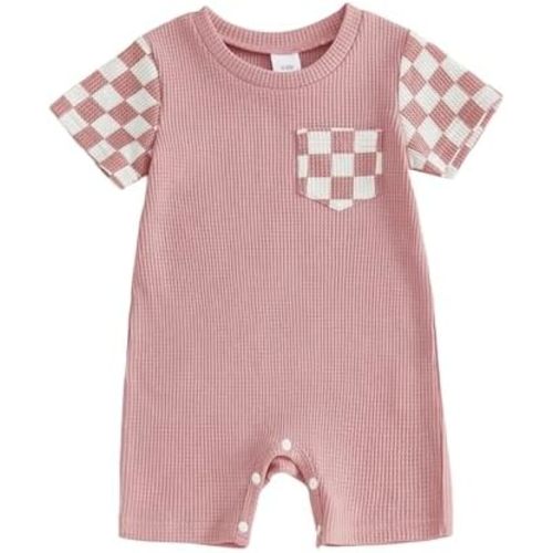 Newborn Baby Boy Girl Clothes Checkered Plaid Romper Jumpsuit Short Sleeve One-Piece Bodysuit Infant Summer Outfit