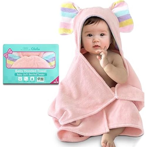 VOOVA & MOVAS Premium Pink Baby Hooded Bath Towel-100% Cotton,500GSM,33x31.5 Inches,0-2Years,Super Absorbent Large Towel with Cute Elephant Ears Hood for Newborn,Baby,Infant, Baby Essentials,Pink