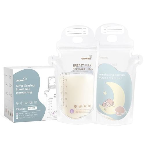 GROWNSY Breastmilk Storage Bags, 6oz Temp-Sensing Milk Storing Bag for Breastfeeding, Presterilized, Hygienically Doubled-Sealed, 60PCS