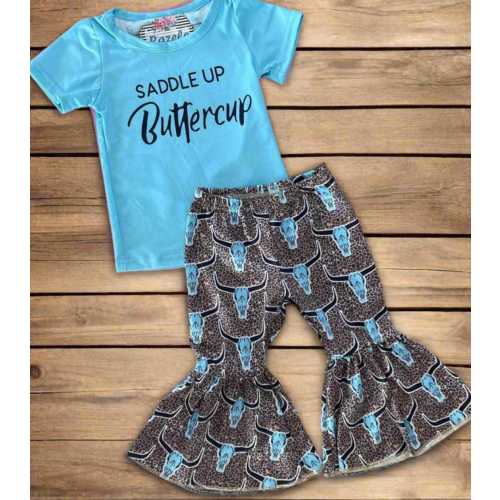 Girls' Western Outfit: Cow Skull Cheetah Bell Bottoms & Turquoise Tee