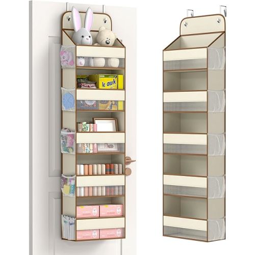 LAMU 5 Tier Over the Door Organizer Hanging, 5 Large Pockets and 10 Side Pockets Behind Door Storage for Baby Clothes, 44lbs Back of Door Organizers for Closet, Nursery and Bathroom, 1 Pack (Beige)