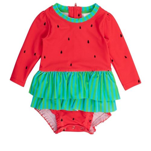 RuffleButts Baby Girls UPF50+ Long Sleeve Skirted One Piece Rash Guard - Watermelon, 0-3m