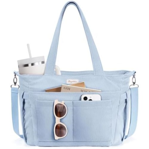 Corduroy Tote Bag for Women, 17 Pockets Laptop Work Tote Bag Lightweight Teacher Nurse Bible Bag for School Travel
