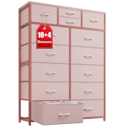 EnHomee Pink Dresser with 10+4 Storage Drawers, Chest of Drawers, Sturdy Metal Frame & Wood Top,Bedroom, Hallway, Closets, Living Room, 52.2" H x 37.4" W x 11.8" D