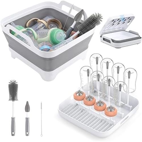 Yecuip Collapsible Wash Basin for Baby Bottles with Drying Rack – 2.4 Gallon Foldable Dish Tub with Handles, Portable RV Camping Sink & Space-Saving Wash Bin with Lid for Kitchen, Travel & Outdoor