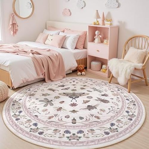 Boho Light Pink Round Rug 5ft, Washable Small Circle Rugs for Bedroom Kids, Pink Nursery Circular Carpet with Insect Print Girl Decor, Soft Non-Slip Round Carpet for Sunroom
