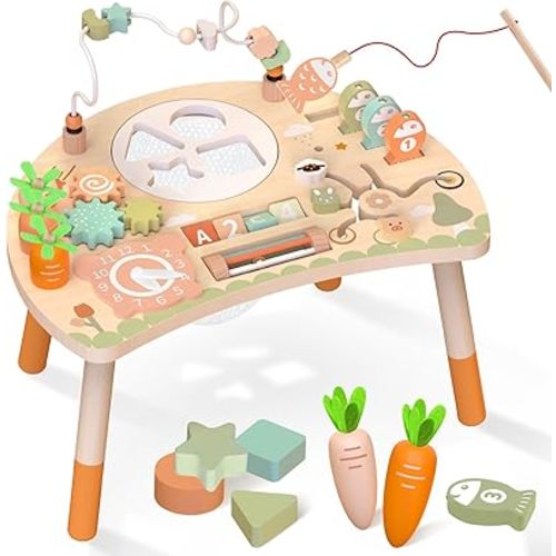 Activity Table for 1+ Year Old, 9-in-1 Montessori Wooden Activity Center with Shape Sorter Fishing Game Bead Maze, Baby Play Table Sensory Educational Toys for Toddler (Natural)