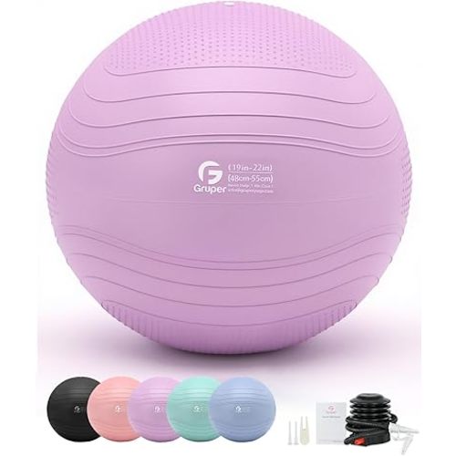 Gruper Yoga Ball, Extra Thick Exercise Ball for Workout Pregnancy Stability - 4 Sizes Anti Burst Balance Ball for Yoga, Pilates, Fitness, Birthing, Physical Therapy - Includes Pump
