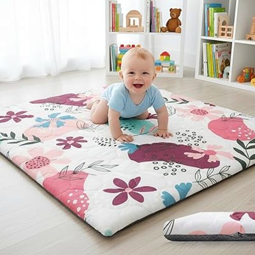 1.5" Thick Premium Foam Baby Play Mat 50x50 Removable & Machine Washable Cover for Baby Tummy Time, Softness Easy Clean Waterproof & Non-Slip Backing Safe for Crawling (Floral)