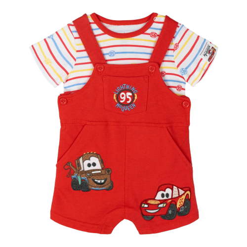Disney Cars Lightning McQueen Tow Mater French Terry Square Neck Short Overalls, T-Shirt and Bucket Sun Hat 3 Piece Outfit Set Newborn to Infant