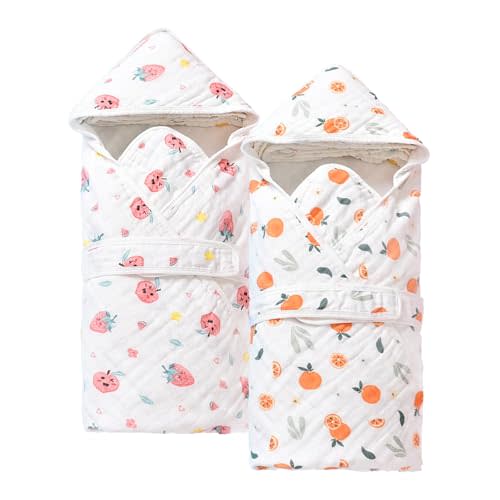 2 Pack Hooded Baby Bath Towels,Large 32"x 32",Cotton Baby Bath Towel with Hood for Infant Toddler and Kids, Soft and Absorbent,Unisex Baby Bath Essentials. (Strawberries/Oranges)