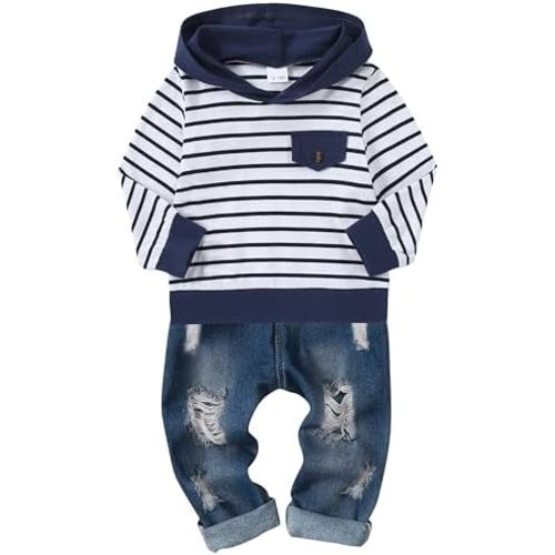 CARETOO Toddler Baby Boy Clothes Long Sleeve Sweatshirt Top Ripped Jeans Pants Set Infant Fall Winter Outfits 1-5T