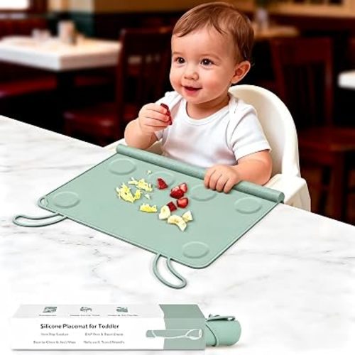 Silicone Placemat for Baby Eating: 3 Second Wipe Clean & 5 Second Roll Up in Diaper Bag - Non-Slip Tabletop Mat for Restaurant/Travel/On-The-Go (Green)
