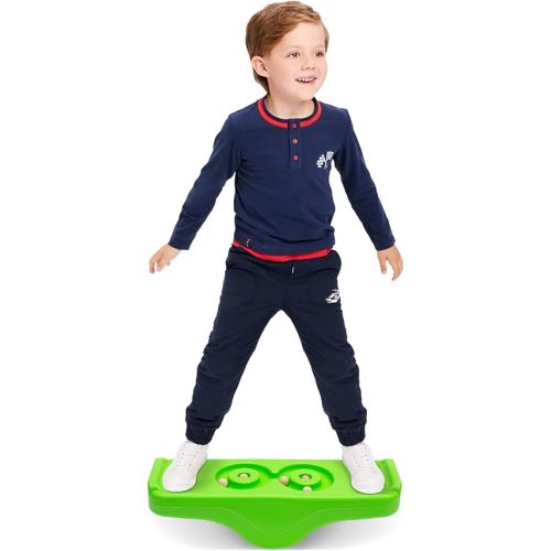 Kids Rocking Seesaw Balance Board with 5 Wooden Balls Sensory Training Rocking Board Balance Training Equipment Children Indoor Outdoor Activity Toy (Green)